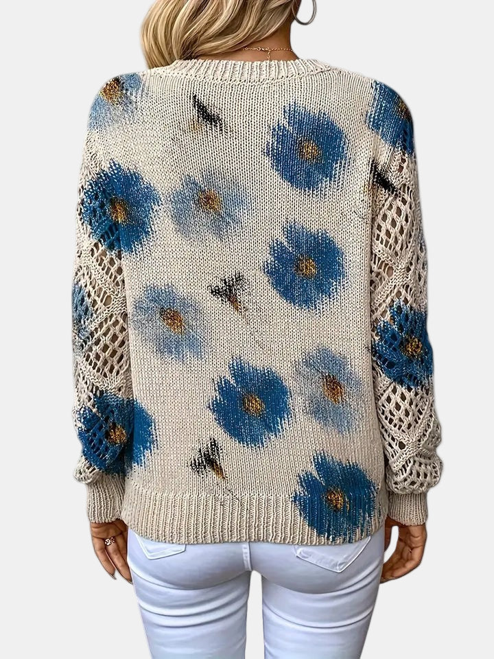 Floral Print V-Neck Crochet Sleeve Knit Sweater 17