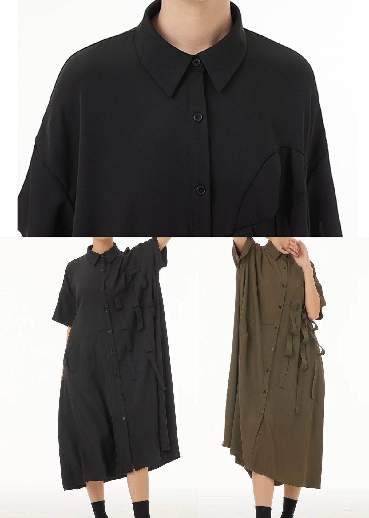 Oversized Button Front Strap Detail Short Sleeve Shirt Midi Dress - View 4
