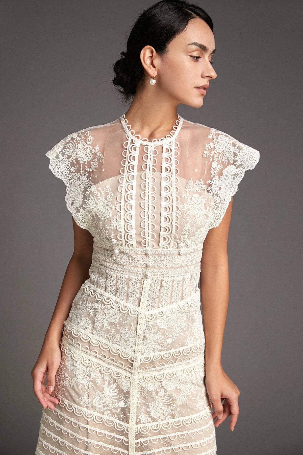 Floral Embroidered Mesh Cap Sleeve Midi Dress in Beige - View 5