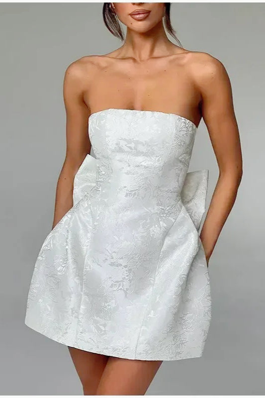 Jacquard Strapless Bow Back Fit and Flare Mini Dress in Pink - View 4