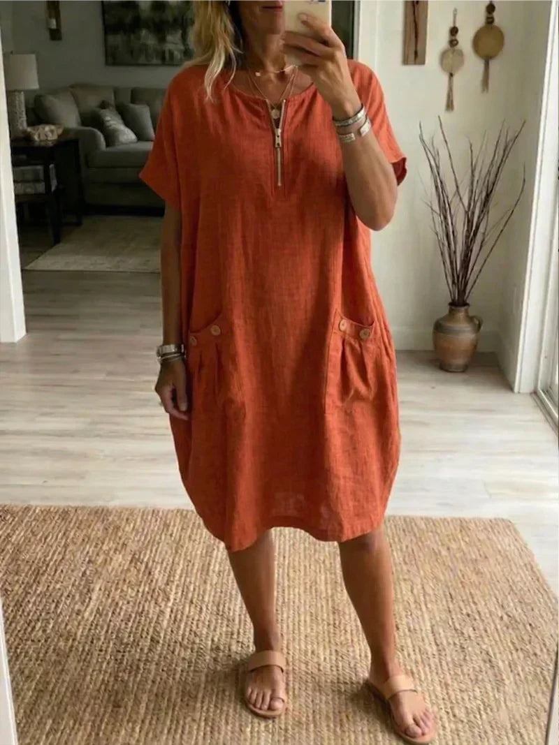 Zip Front Short Sleeve Pocket Linen Look Dress 2