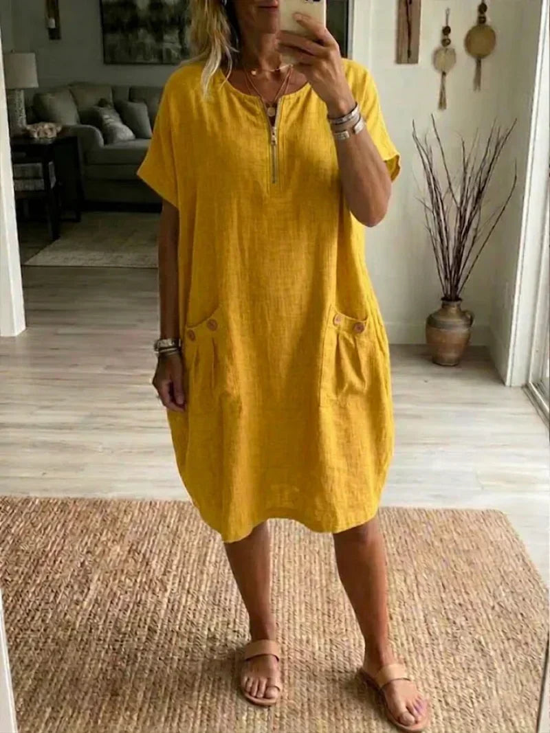 Zip Front Short Sleeve Pocket Linen Look Dress 4