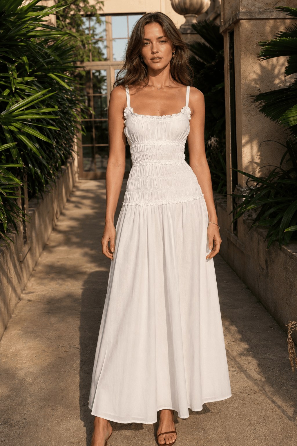 Ruffle Trim Shirred Bodice Tiered Cotton Maxi Dress