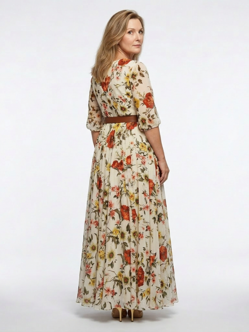 Floral Round Neck Three Quarter Sleeve Belted Maxi Dress 2