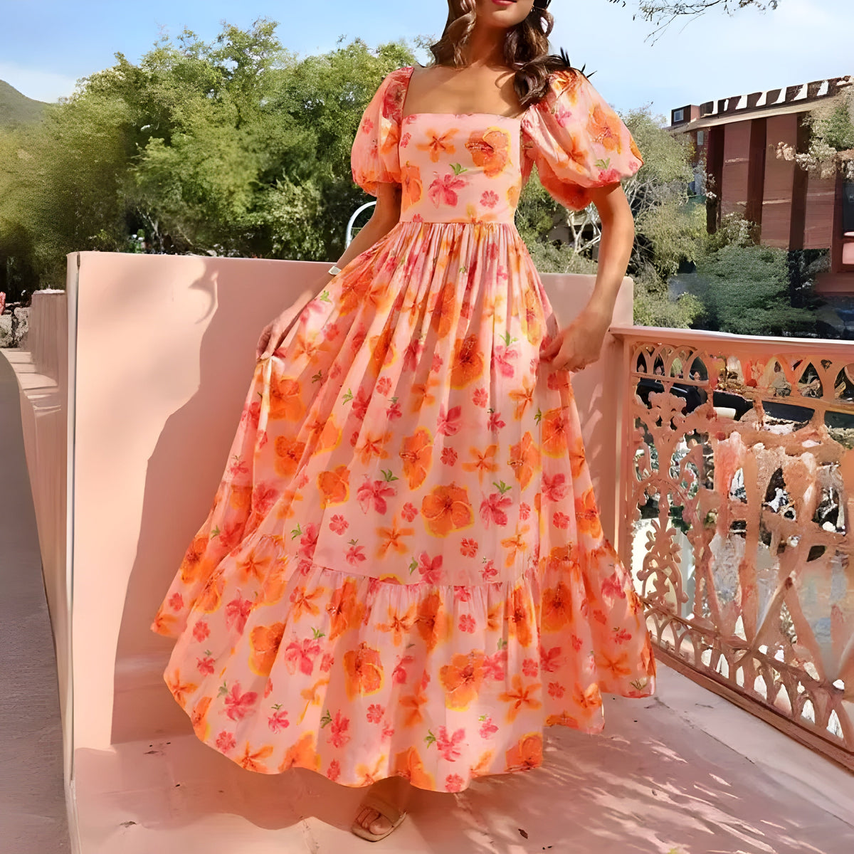 Square Neck Puff Sleeve Floral Tiered Maxi Dress 2