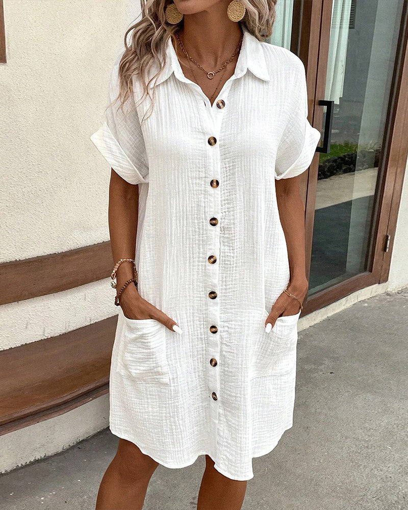 Gauze Crinkle Button Front Collar Patch Pocket Mini Shirt Dress - View 2