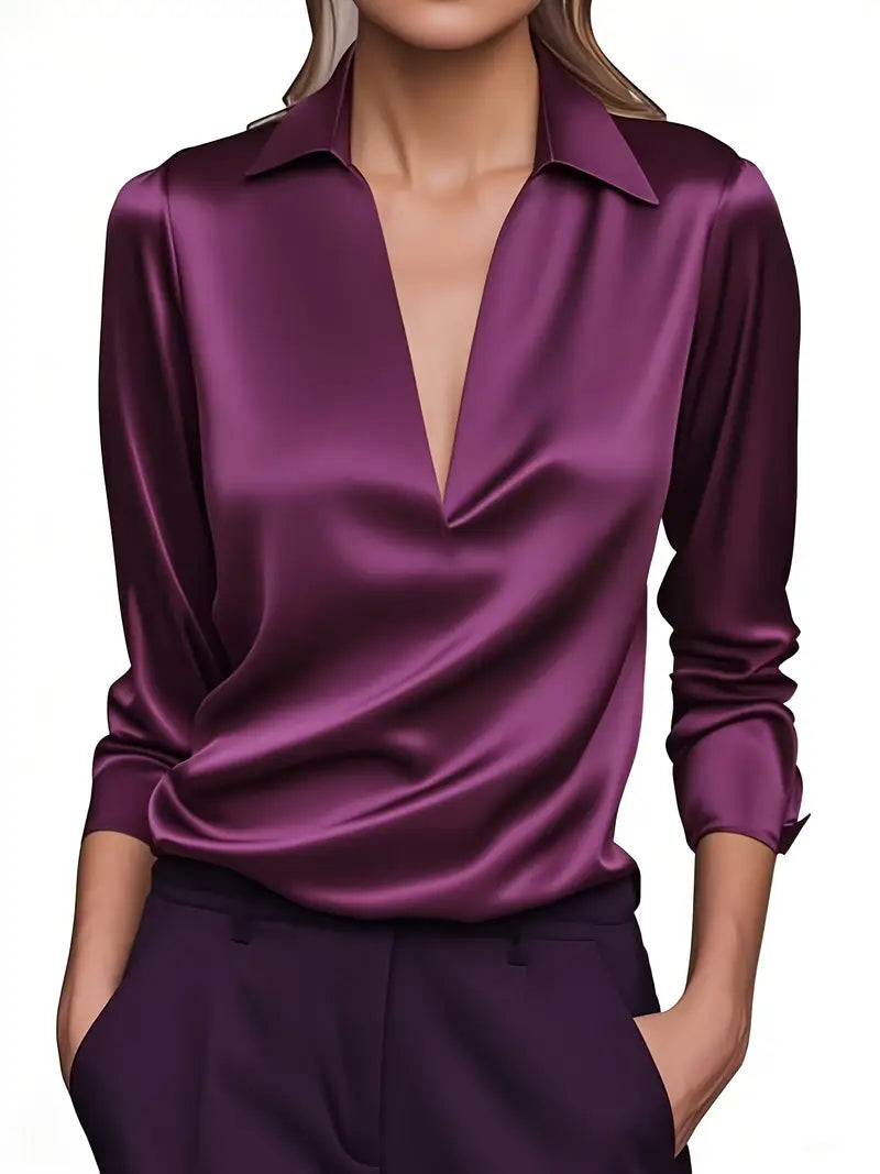 Collared Deep V-Neck Long Sleeve Satin Blouse 12