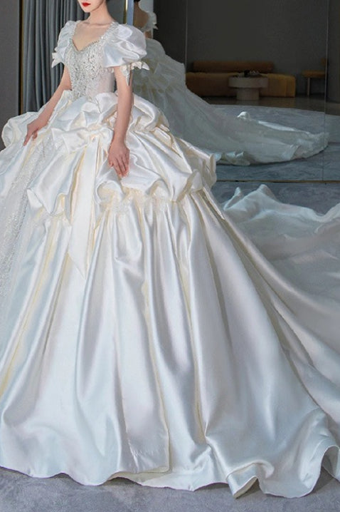 Sweetheart Beaded Puff Sleeve Pick Up Ruffle Ball Gown - View 2