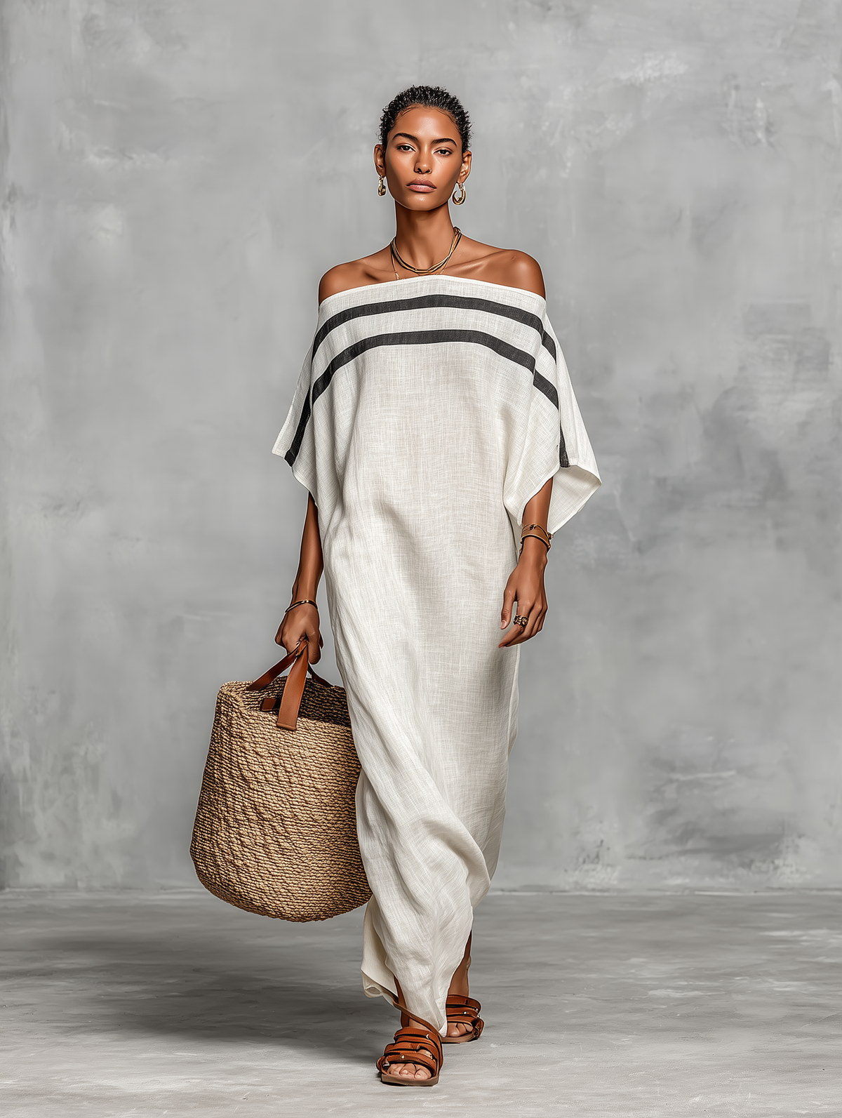 Striped Off Shoulder Batwing Sleeve Kaftan Maxi Dress 7