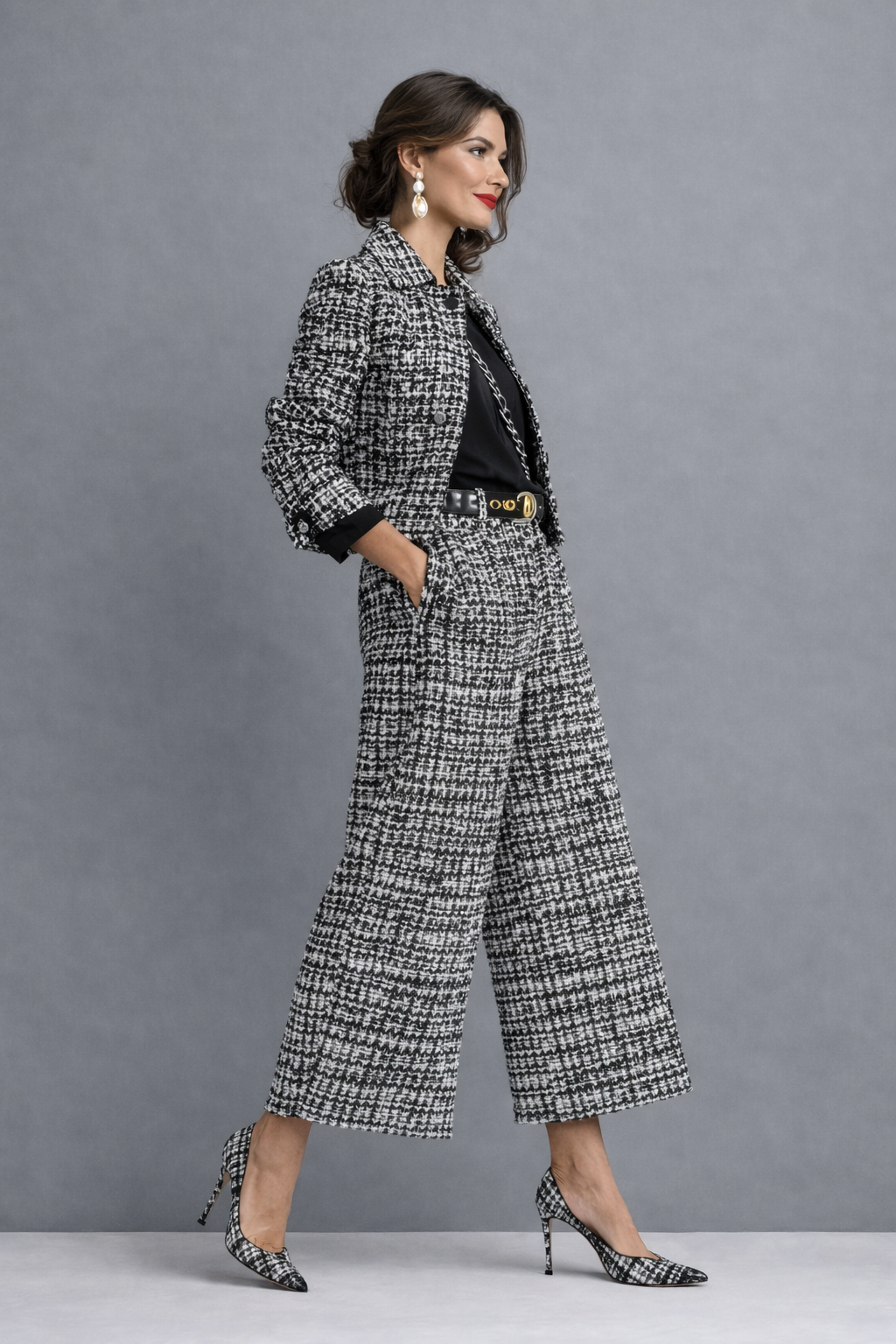 Tweed Blazer and Cropped Wide Leg Pants Two Piece Set 4