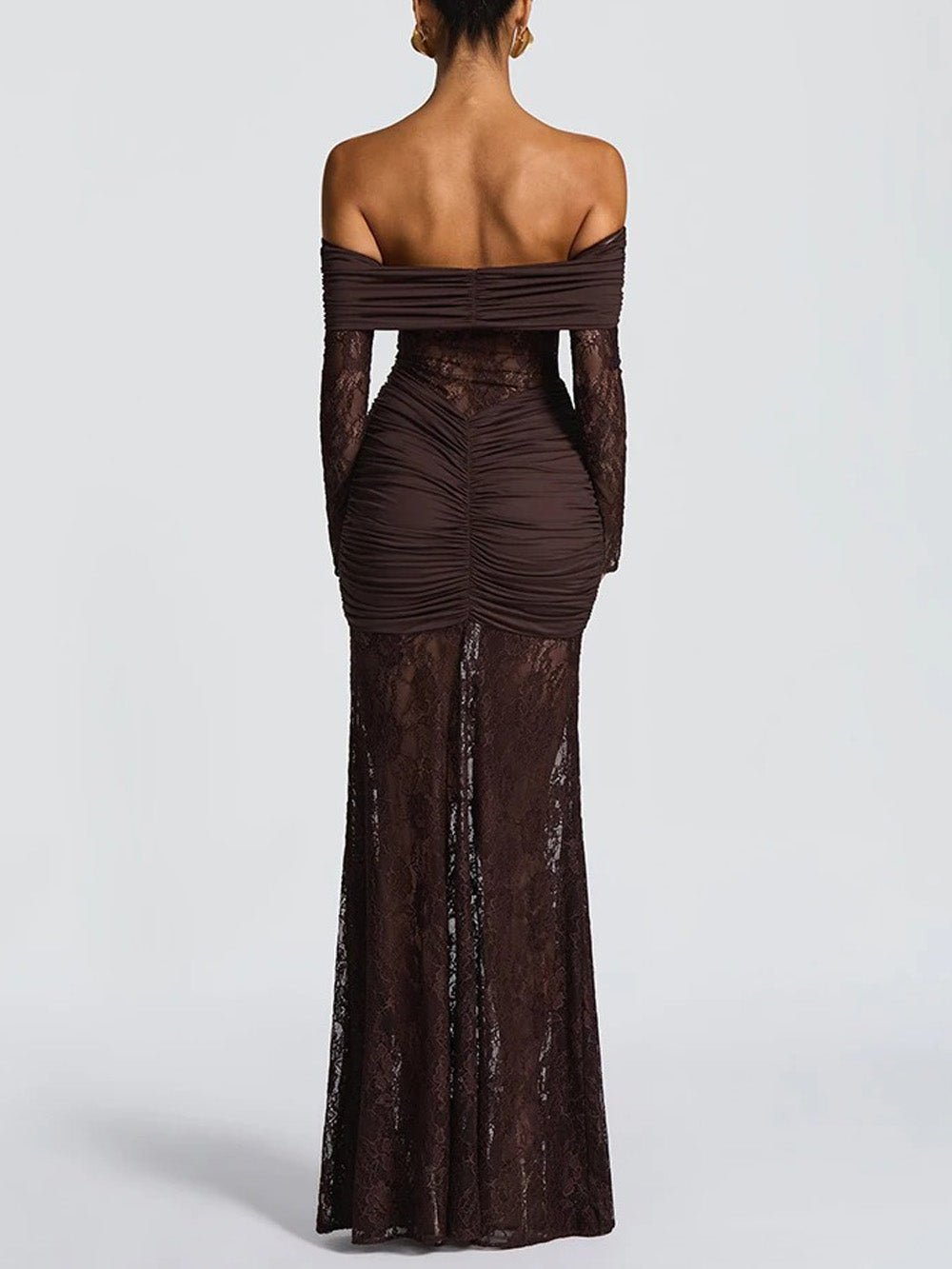 Delphine Off-Shoulder Lace Maxi Dress in Brown - View 2