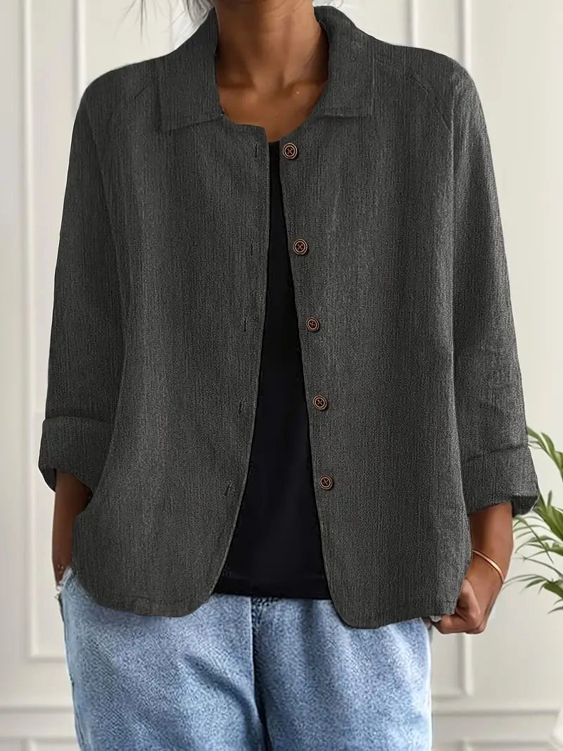 Textured Collared Button Front Long Sleeve Shirt