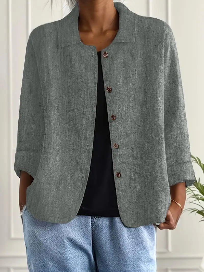 Collared Button Front Long Sleeve Linen Look Shirt 14