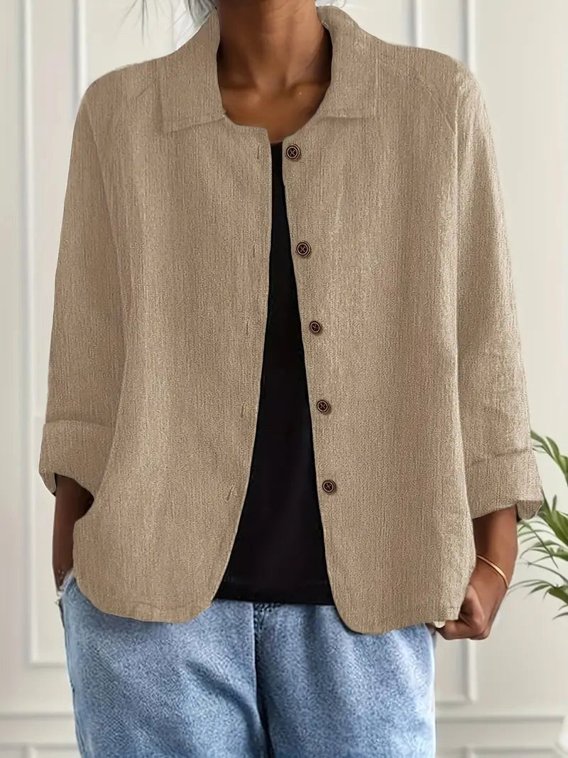 Collared Button Front Long Sleeve Linen Look Shirt 3