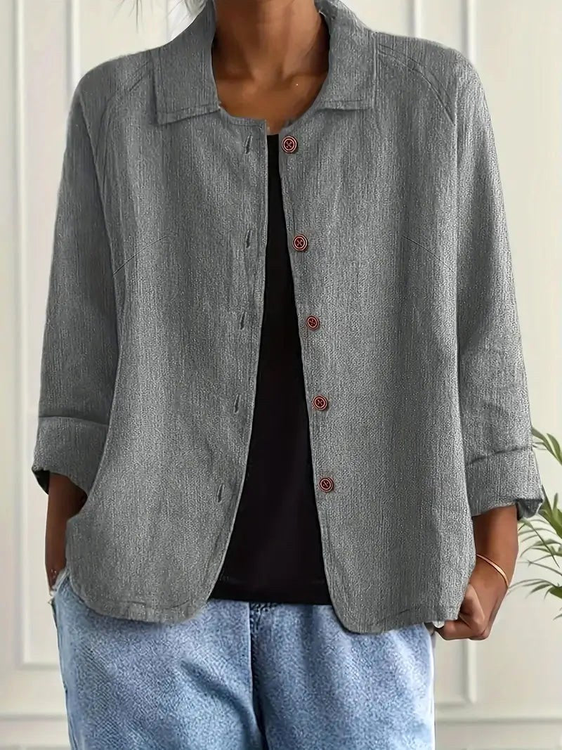 Collared Button Front Long Sleeve Linen Look Shirt 7