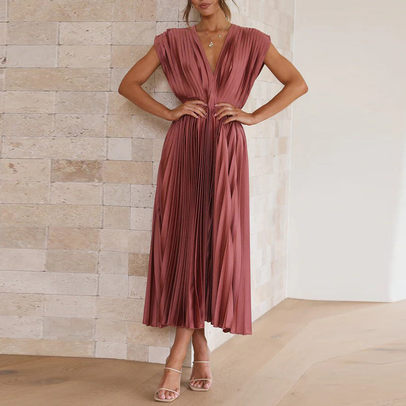 Pleated Deep V-Neck Fit and Flare Midi Dress - View 11