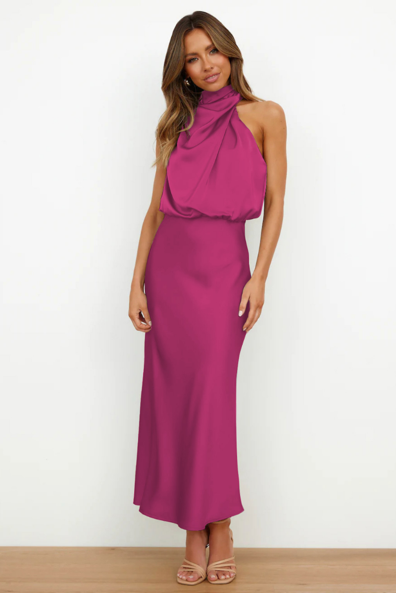 Satin Halter Neck Cowl Draped Sleeveless Midi Cocktail Dress - View 4