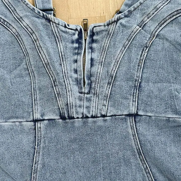 Denim Square Neck Zip Up Split Bodycon Midi Dress - View 2
