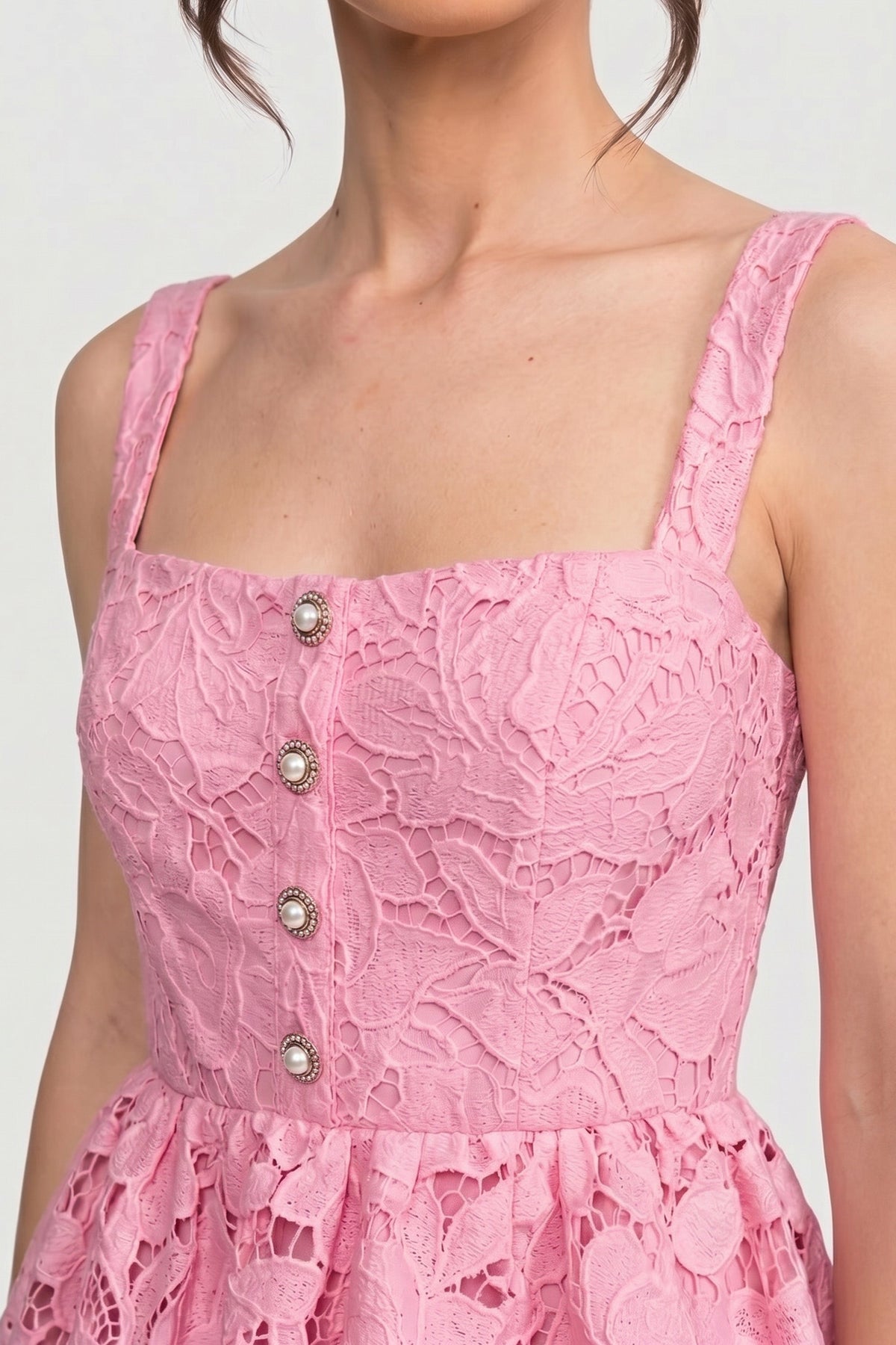 Sleeveless Lace Peplum Dress With Midi Skirt And Golden Buttons - Pink - View 5