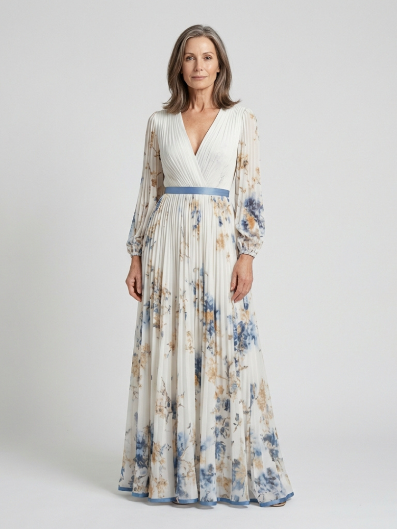 Floral V-Neck Long Sleeve Pleated Belted Maxi Gown