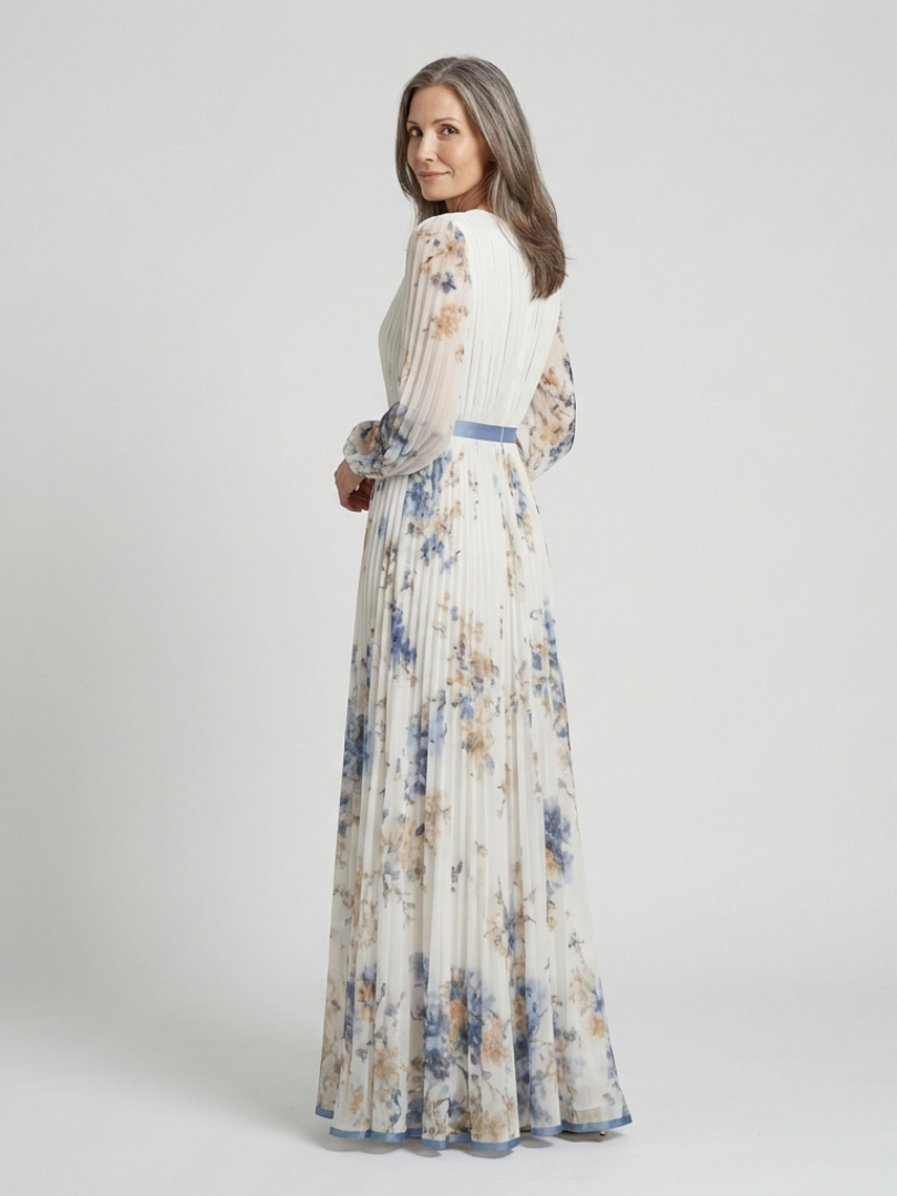 Floral V-Neck Long Sleeve Pleated Belted Maxi Gown 2