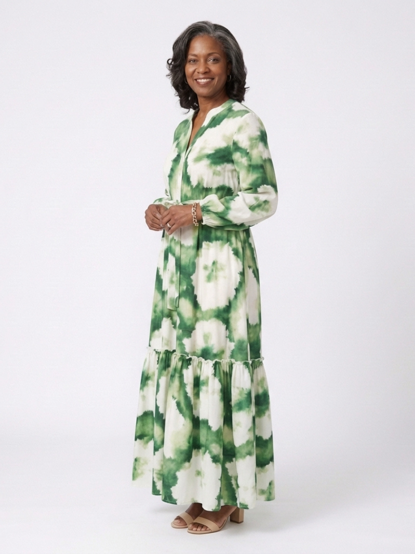 Long Sleeve Tie Waist Tie Dye Tiered Maxi Dress 3
