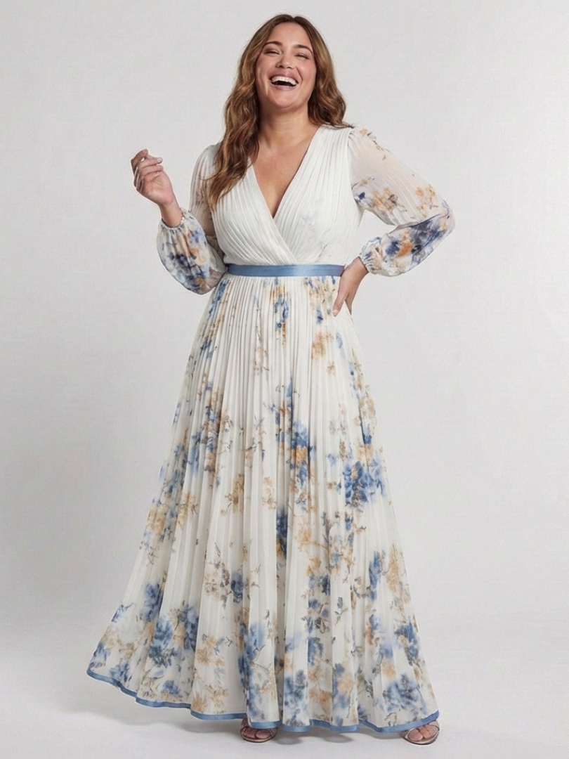 Floral V-Neck Long Sleeve Pleated Belted Maxi Gown 4