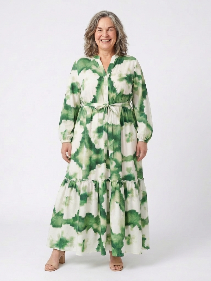 Long Sleeve Tie Waist Tie Dye Tiered Maxi Dress 4