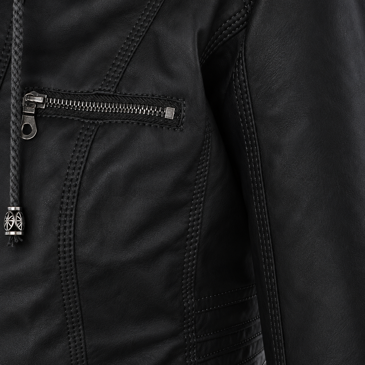 Hooded Zip Front Faux Leather Moto Jacket 16