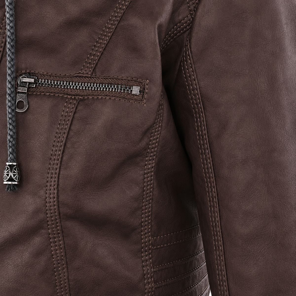 Hooded Zip Front Faux Leather Moto Jacket 19
