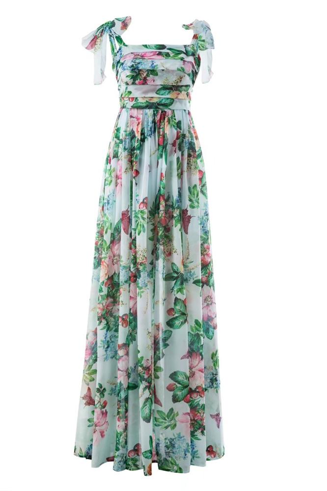 Floral Print Bow Tie Strap Open Back A-Line Maxi Gown - View 3