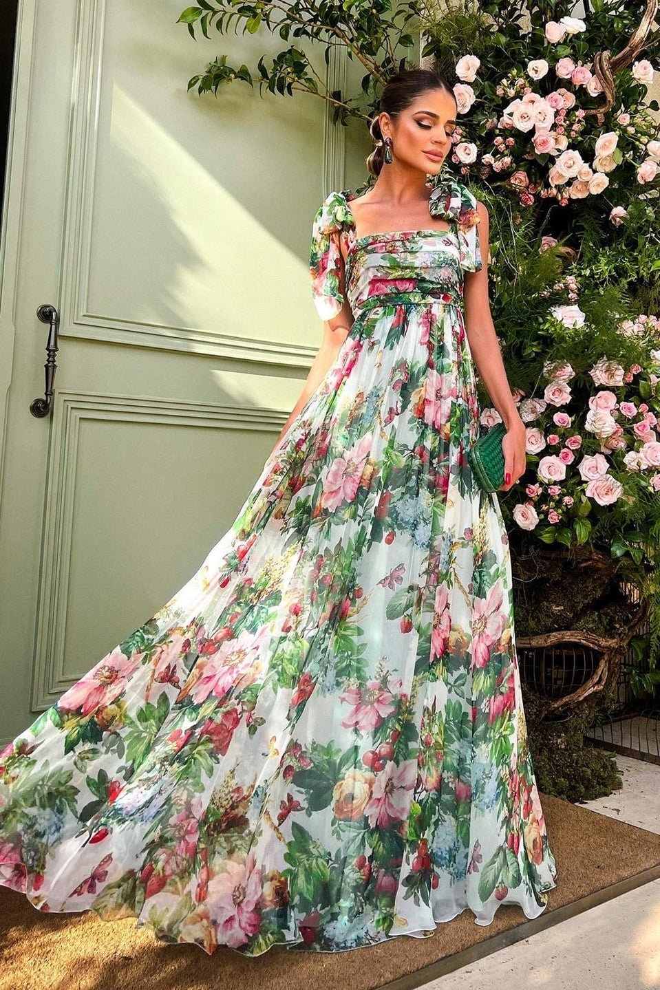 Floral Print Bow Tie Strap Open Back A-Line Maxi Gown - View 2