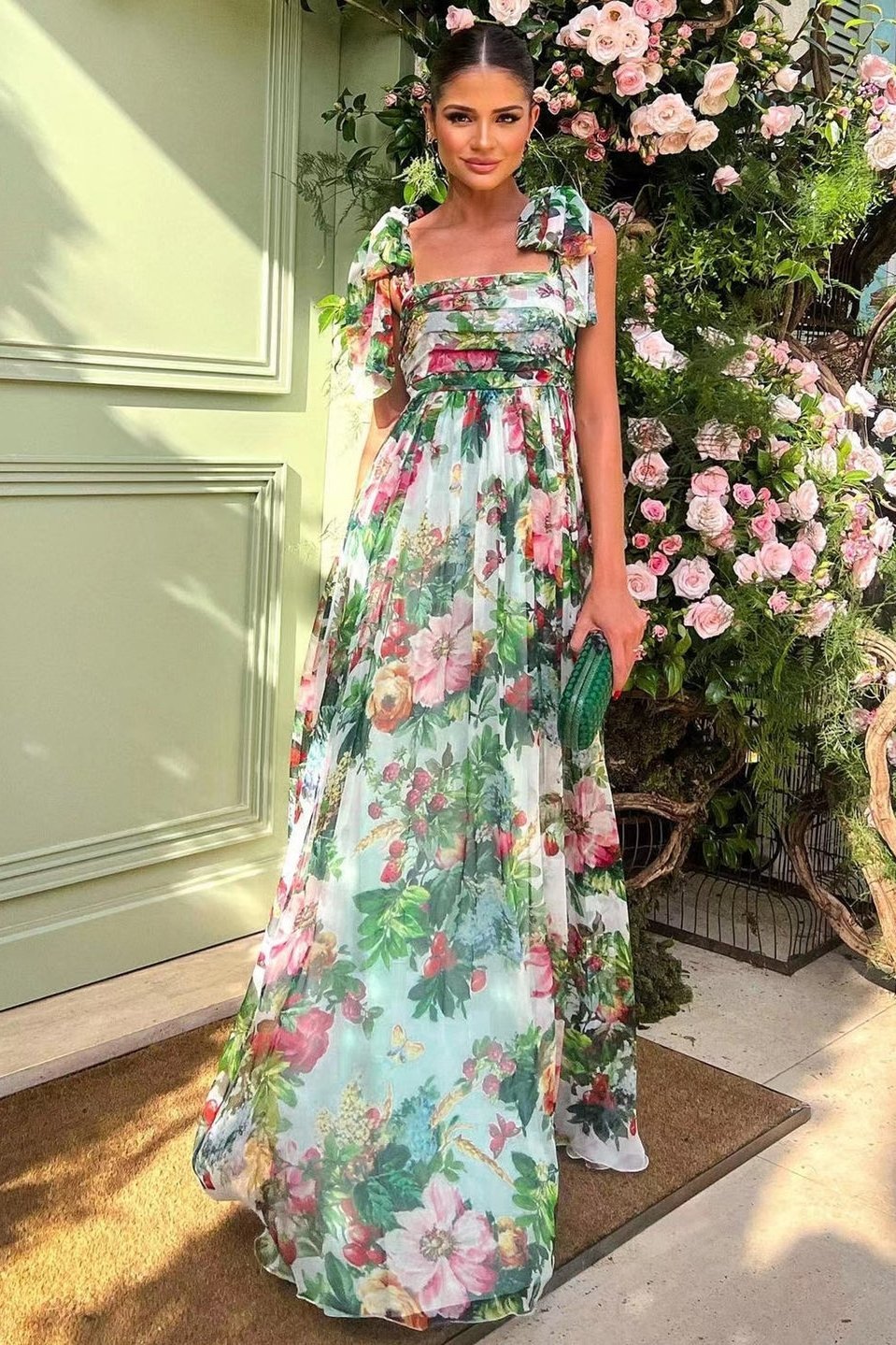 Floral Print Tie Shoulder Wide Strap Open Back Maxi Gown - View 5