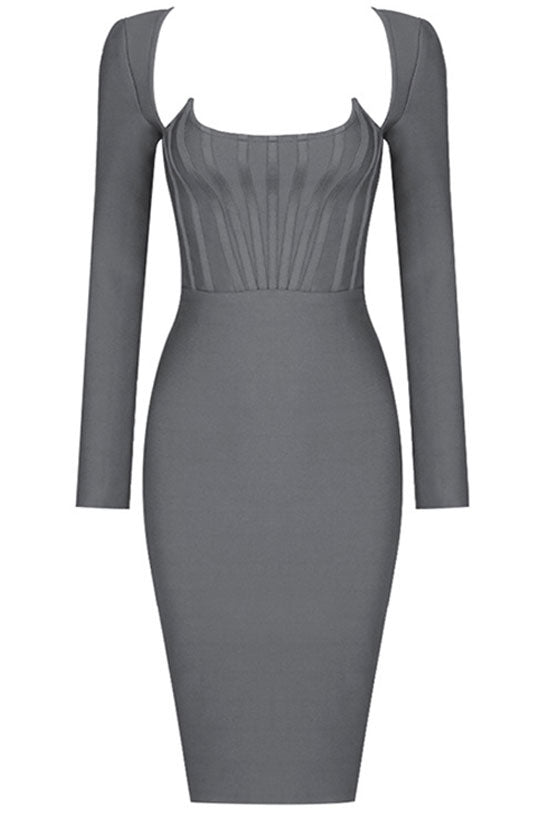 Bandage Scoop Neck Long Sleeve Corset Bodycon Midi Dress - View 3