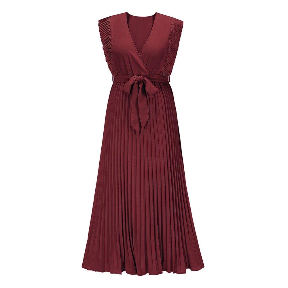 Accordion Pleated Ruffle Strap Deep V-Back Belted Waist Maxi Dress - View 2