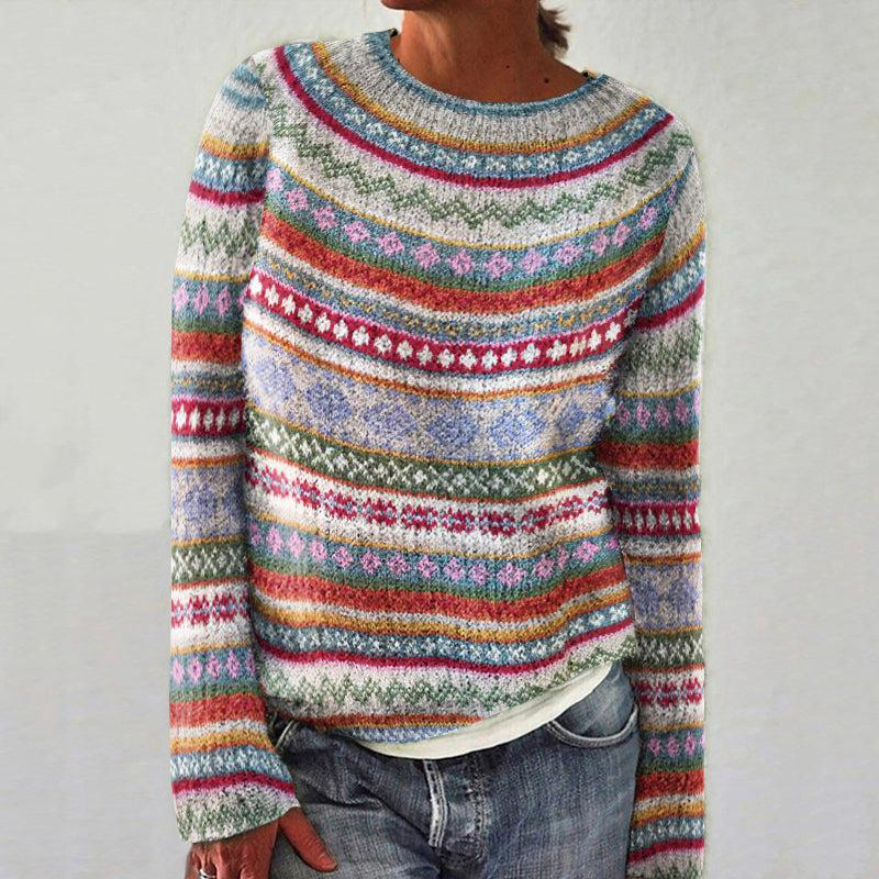 Crew Neck Long Sleeve Fair Isle Knit Sweater 3