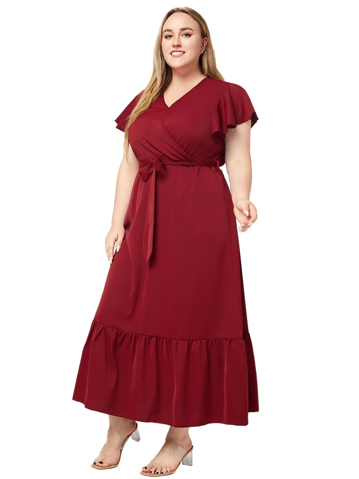 V-Neck Wrap Flutter Sleeve Belted Tie Waist Ruffle Hem Maxi Dress - View 4