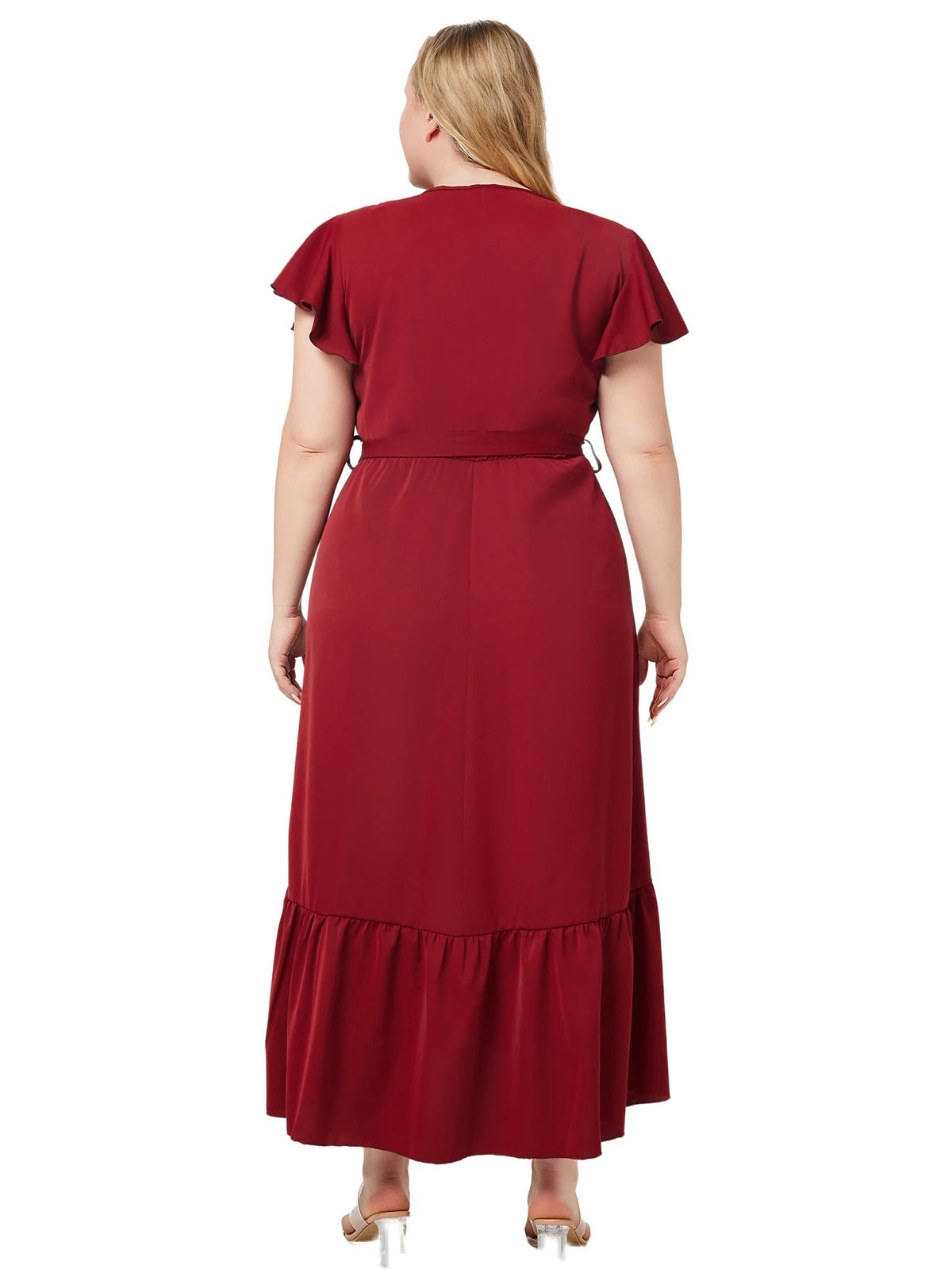 V-Neck Wrap Flutter Sleeve Belted Tie Waist Ruffle Hem Maxi Dress - View 3