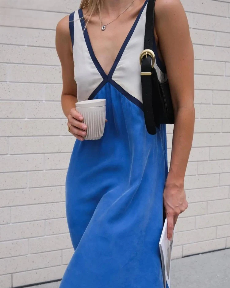 Deep V-Neck Contrast Trim Sleeveless Satin Slip Midi Dress