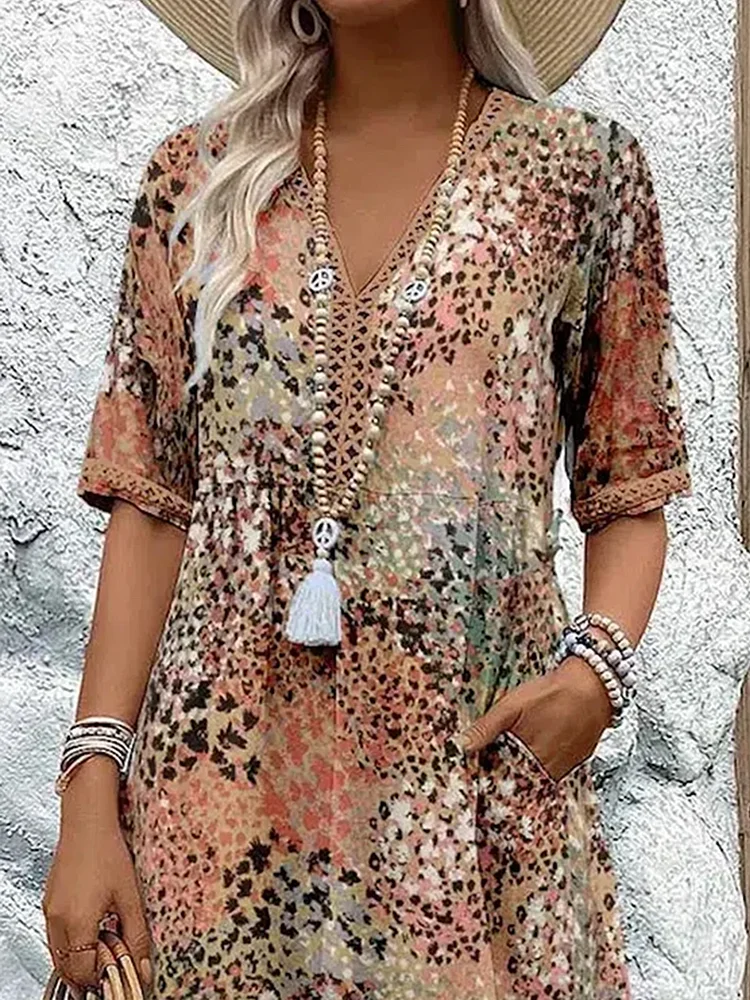 Animal Print V-Neck Short Sleeve Pocket Tiered Midi Dress 7