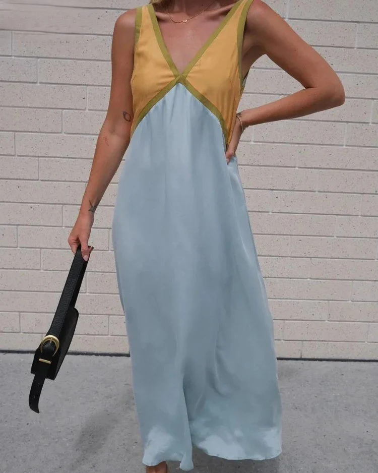Deep V-Neck Contrast Trim Sleeveless Satin Slip Midi Dress - View 2