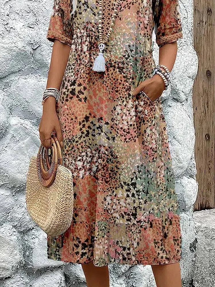 Abstract Print V-Neck Short Sleeve Tiered Midi Dress 8