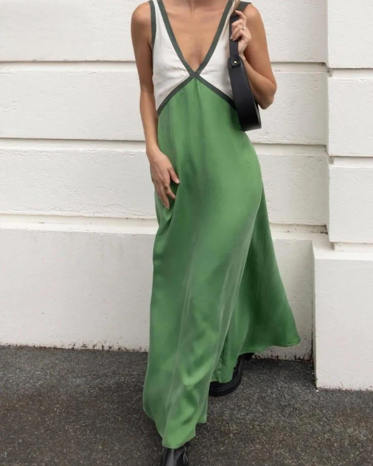 Deep V-Neck Contrast Trim Sleeveless Satin Slip Midi Dress - View 3