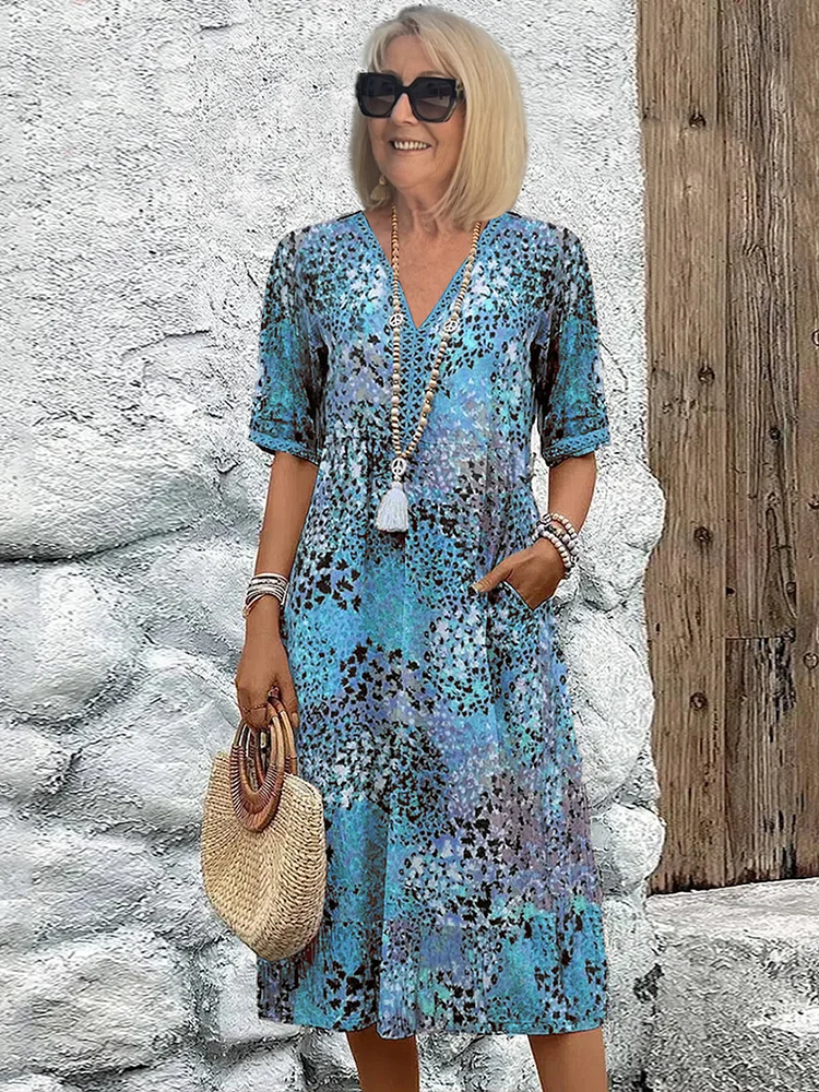 Animal Print V-Neck Half Sleeve Tiered Midi Dress 3