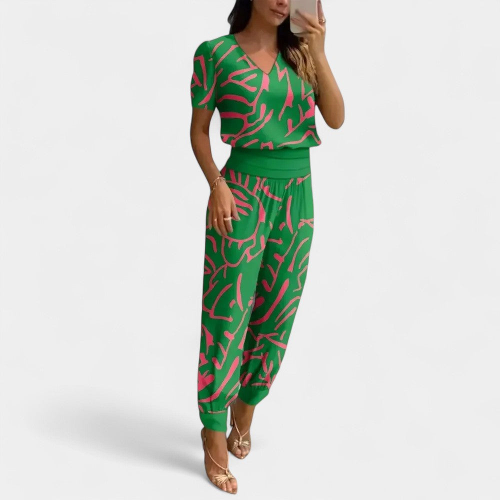 Abstract Print V-Neck Top and Jogger Pants Two Piece Set