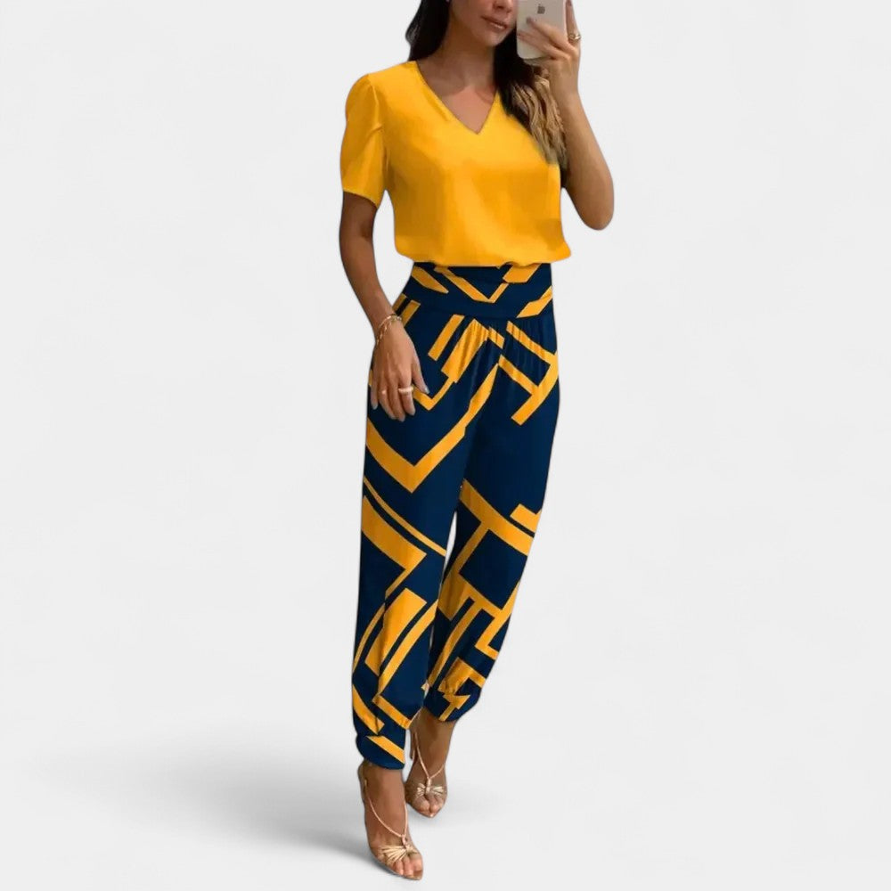 Abstract Print V-Neck Top and Jogger Pants Two Piece Set 3