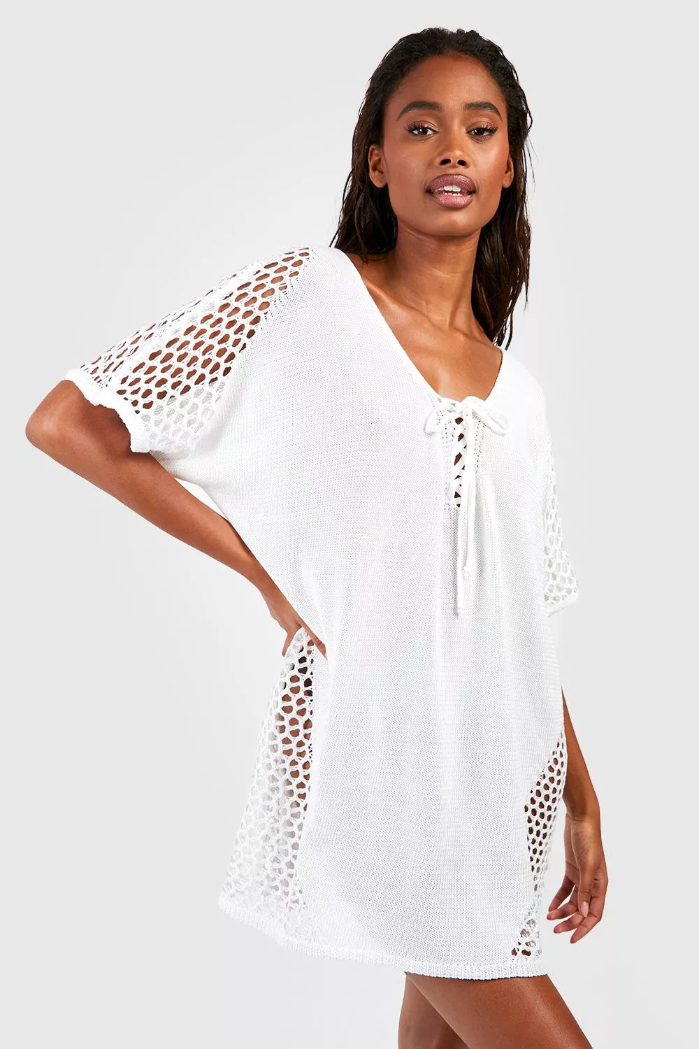 Knit Crochet Panel Short Sleeve Relaxed Mini Beach Dress - View 4