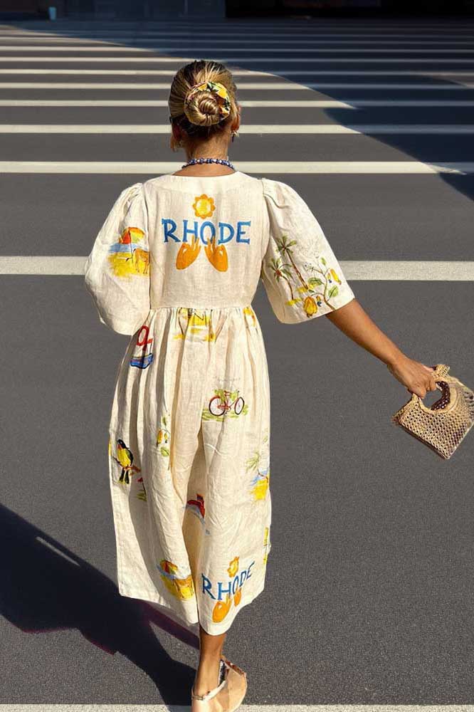 Tropical Graphic Print Button Front Puff Sleeve Midi Dress - View 2