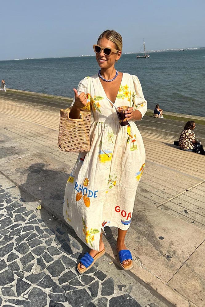 Tropical Graphic Print Button Front Puff Sleeve Midi Dress - View 3