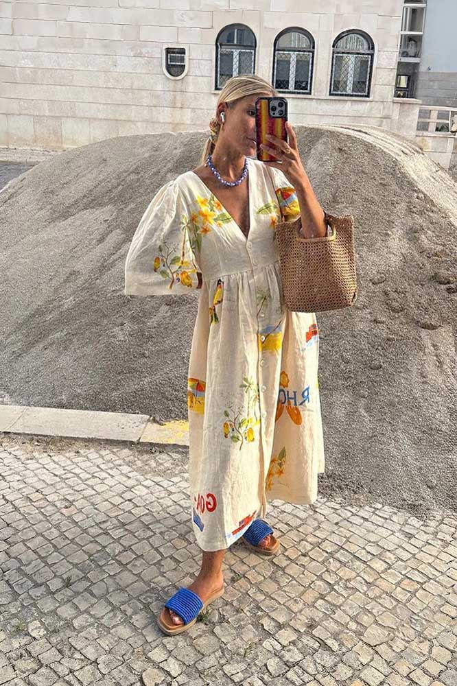 Tropical Graphic Print Button Front Puff Sleeve Midi Dress - View 4